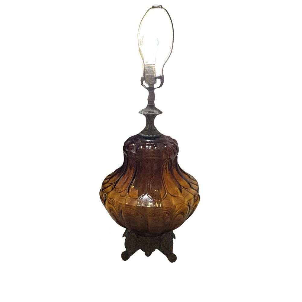 Vintage Mid Century Modern Amber Table‎ Lamp Tall Brass Base Beautiful 70s